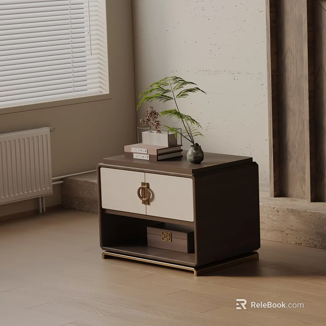 Elegant Dark Wooden Bedside Table With White Panel Gold Handle Books Plant And Vase 3d model 