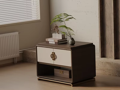 Elegant Dark Wooden Bedside Table With White Panel Gold Handle Books Plant And Vase 3d model