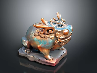 Iridescent Mythical Toad Statue With Dragon Horns Scales Coin Motifs And Stone Base 3d model