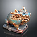 Iridescent Mythical Toad Statue With Dragon Horns Scales Coin Motifs And Stone Base