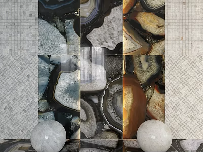 Natural Stone Decorative Components Featuring Agate Slices And Textured Tile Patterns With Decorative Spheres 3d model