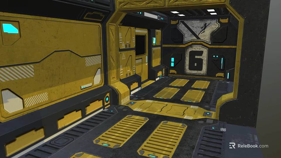 Futuristic Yellow Elevator Corridor With Metal Panels Blue Lights And Number 6 Sign 3d model 