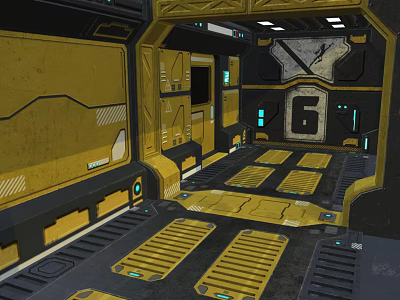 Futuristic Yellow Elevator Corridor With Metal Panels Blue Lights And Number 6 Sign 3d model