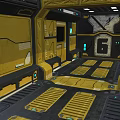 Futuristic Yellow Elevator Corridor With Metal Panels Blue Lights And Number 6 Sign