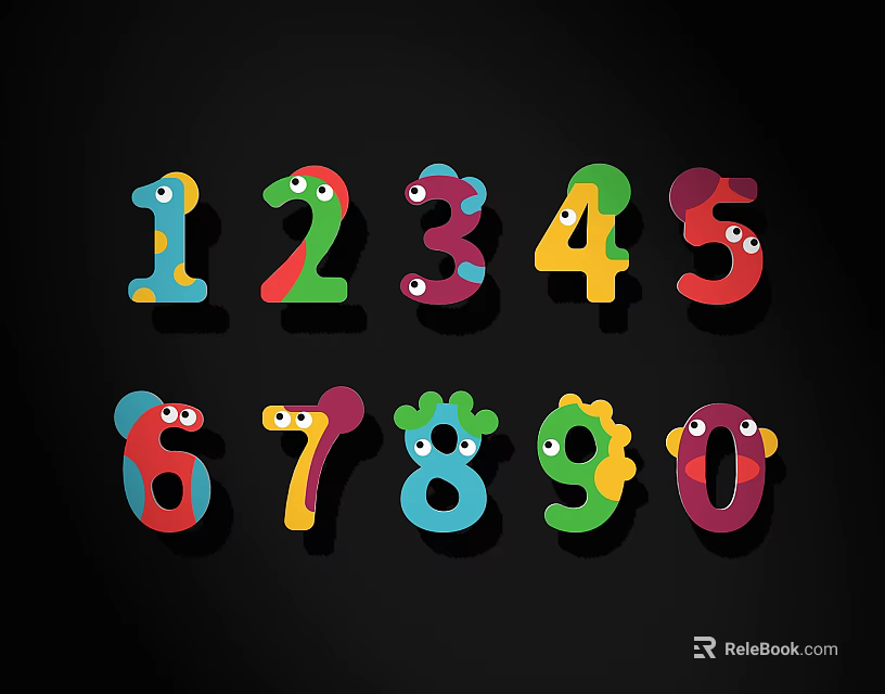 Colorful Cartoon Number Wall Decor With Eyes And Claws On Black Background 3d model 