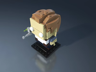 Lego Brick Figure With Brown Hair White Face Holding Green Object On Black Base 3d model