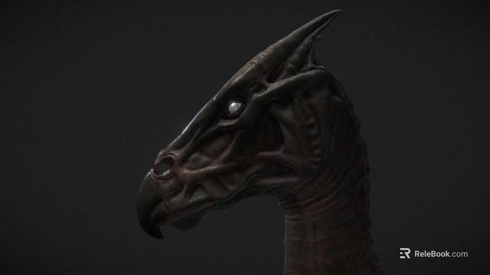 Game Fantasy Character Black Dragon Head With Glowing Eyes Horns And Scaly Texture 3d model 