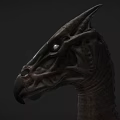 Game Fantasy Character Black Dragon Head With Glowing Eyes Horns And Scaly Texture