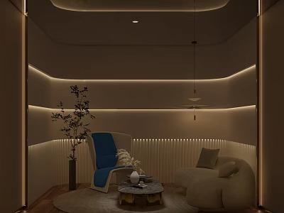 Hotel Public Lounge Modern Design With Blue Accent Chair Beige Sofa And Warm Lighting 3d model