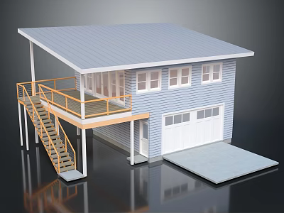 Cartoon Style House Scene With Blue Exterior Gray Roof Yellow Railing Balcony Garage And Staircase 3d model