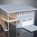 Cartoon Style House Scene With Blue Exterior Gray Roof Yellow Railing Balcony Garage And Staircase