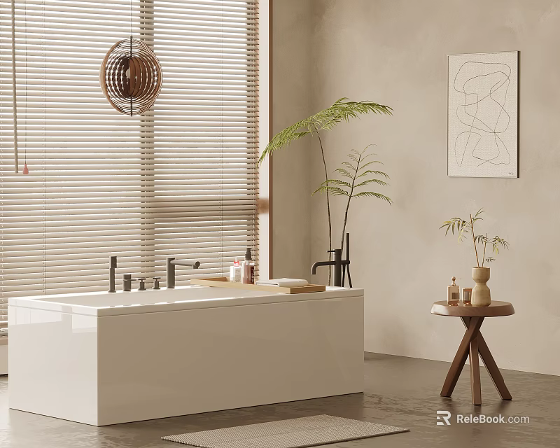 Modern White Bathtub Interior with Window Blinds Potted Plant and Side Table Decorative Items 3d model 