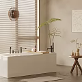 Modern White Bathtub Interior with Window Blinds Potted Plant and Side Table Decorative Items