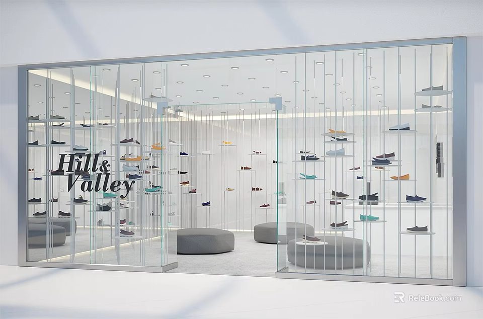 Lilly & Valley Modern Mall Shoe Store With Hanging Shoes Grey Sofas And Glass Partitions 3d model 
