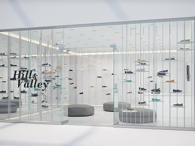 Lilly & Valley Modern Mall Shoe Store With Hanging Shoes Grey Sofas And Glass Partitions 3d model