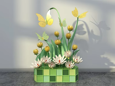 Vibrant Floral Display Design With Yellow Butterfly Decor Green Checkered Base And White Yellow Flowers 3d model