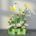 Vibrant Floral Display Design With Yellow Butterfly Decor Green Checkered Base And White Yellow Flowers