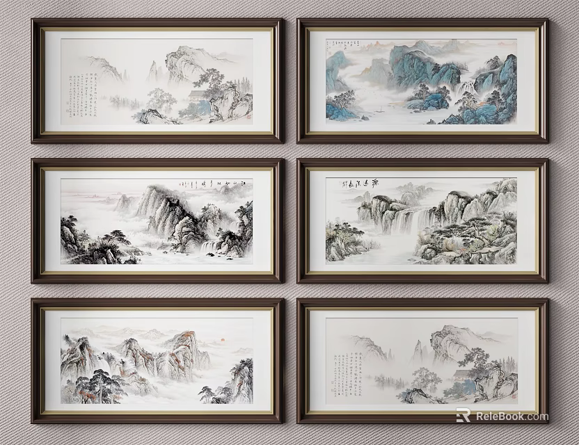 Traditional Chinese Landscape Paintings Framed Mountain Cloud Scenic Artwork for Wall 3d model 