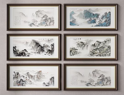 Traditional Chinese Landscape Paintings Framed Mountain Cloud Scenic Artwork for Wall 3d model