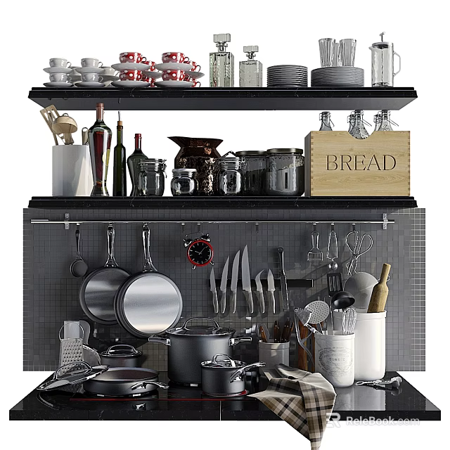 Organized Kitchenware On Shelves With Hanging Pots Knives Bread Box And Jars 3d model 