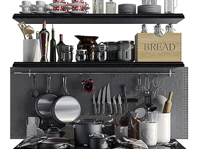Organized Kitchenware On Shelves With Hanging Pots Knives Bread Box And Jars 3d model