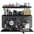 Organized Kitchenware On Shelves With Hanging Pots Knives Bread Box And Jars