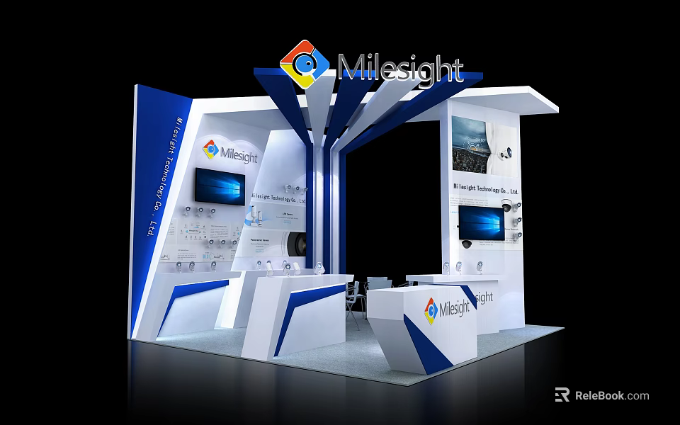 Milesight Exhibition Booth Modern Blue And White Design With Display Screens And Reception Area 3d model 