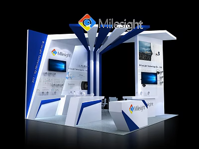 Milesight Exhibition Booth Modern Blue And White Design With Display Screens And Reception Area 3d model