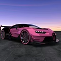 Pink and Black Sports Car Parked on Open Ground With Sunset Sky Gradient