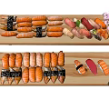 Assorted Sushi Platter With Different Rolls On Wooden Plates And Cherry Blossoms