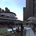 Modern Commercial Street With Tall Glass Facade Buildings Open Pedestrian Area And Greenery