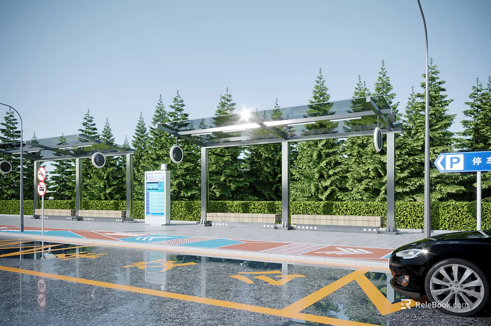 Modern Bus Station With Transparent Roof Green Pine Trees Wet Ground And Black Car 3d model 