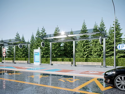 Modern Bus Station With Transparent Roof Green Pine Trees Wet Ground And Black Car 3d model