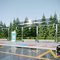 Modern Bus Station With Transparent Roof Green Pine Trees Wet Ground And Black Car