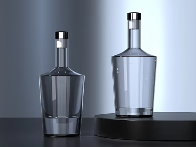 Transparent Glass Bottles Showcased On Dark Platforms With Minimalist Background 3d model