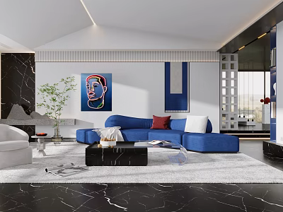 Modern Living Room Interior Design With Blue Sofa Art Painting And Marble Accents 3d model