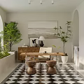 Dining Table And Chairs Set With Arched Patterned Tile Wall Black White Checkered Floor 3d model