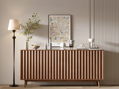 Elegant Console Cabinet Sideboard with Decorative Items Floor Lamp and Wall Painting in Modern Interior 3d model