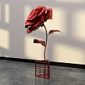 Floral Art Installation Red Rose on Red Grid Stand with Light Shadow on Beige Wall
