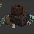 Household Supplies Display With Stacked Wooden Crates Barrels Metal Cans And Small Bottles
