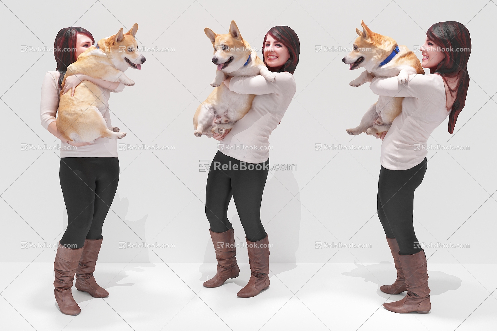 Modern woman holding a dog standing woman model