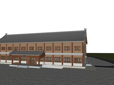 Chinese Ancient Architecture With Traditional Sloped Roof Wooden Windows And Porch Steps 3d model