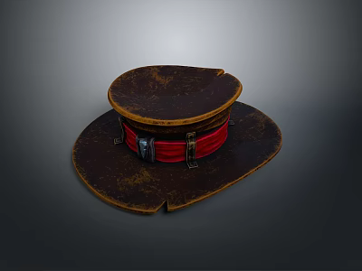 Vintage Brown Hat With Red Band And Metal Buckles For Daily Use 3d model