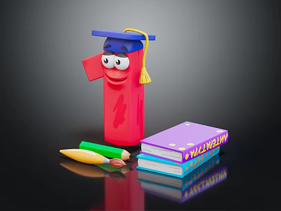 Decorative Ornaments Set With Graduation Cap Figurine Colorful Pencils And Wall Street Books 3d model