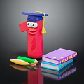 Decorative Ornaments Set With Graduation Cap Figurine Colorful Pencils And Wall Street Books