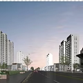 Evening Commercial Street With High Rise Buildings Pedestrians And Moving Vehicles