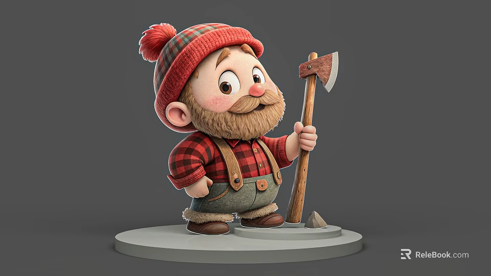 Cartoon Man In Red Plaid Hat And Shirt With Overalls Holding Axe On Round Base 3d model 