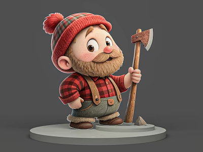 Cartoon Man In Red Plaid Hat And Shirt With Overalls Holding Axe On Round Base 3d model