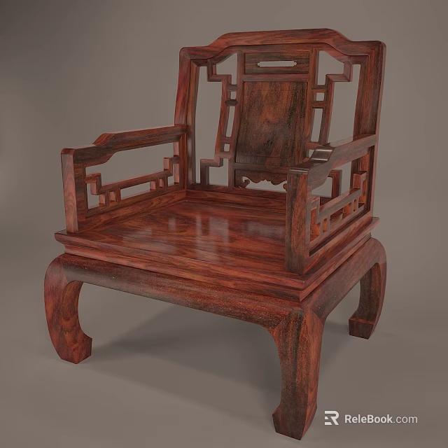 Traditional Chinese Style Wooden Leisure Chair With Carved Patterns And Solid Wood Frame 3d model 