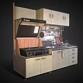 Upper And Lower Kitchen Cabinets With Stove Range Hood And Stainless Countertop